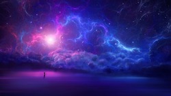 Space Background. Astronaut Standing On Reflection Surface With Colorful Fractal Nebula. Digital Painting, 3D Rendering