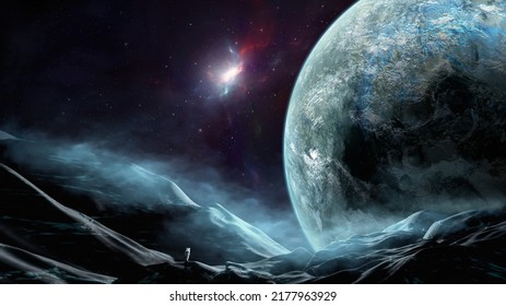 Space background. Astronaut standing on mountain with fog, planet and colorful nebula. Elements furnished by NASA. 3D rendering - Shutterstock ID 2177963929