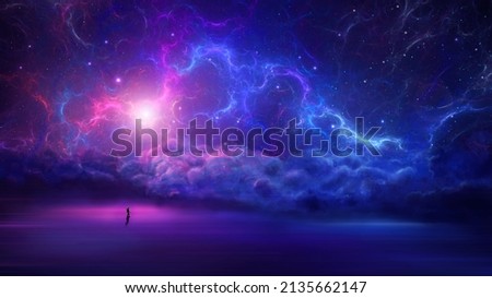Space background. Astronaut standing on reflection surface with colorful fractal nebula. Digital painting, 3D rendering Stock photo © 