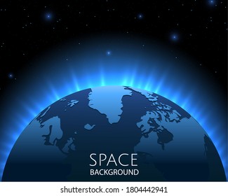 Space background with blue light from behind of the planet. Rays of energy. World map. Blue background with planet Earth
