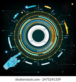space background or hightech futuristic interface with robot hand handpointer HUD and GUI