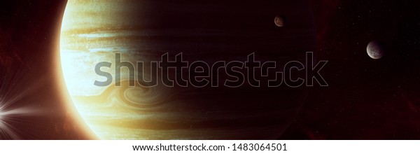 space background illustration, jupiter\
planet surface with moons 3d\
illustration