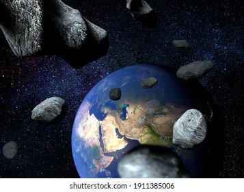 Space background with planet earth and comets. Giant asteroids are approaching the Earth. Realistic Meteorite concept. 3D Rendering