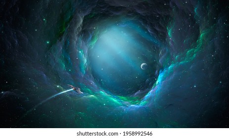 Space Background. Spaceship Fly Through Colorful Nebula Fractal Tunnel To Planet. Elements Furnished By NASA. 3D Rendering