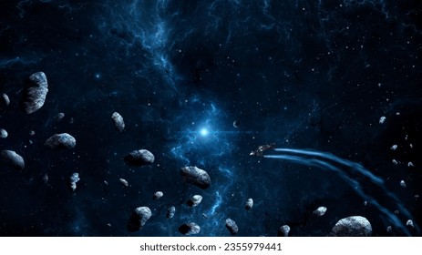 Space background. Spaceship fly through asteroids with blue fractal nebula and star field. Digital illustration, 3D rendering