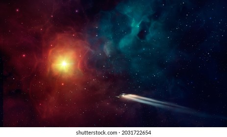 Space Background. Spaceship Flying In Blue And Red Colorful Nebula With Stars And Sun. Digital Painting, 3D Rendering