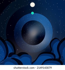 Space Background Template. Illustrated rings of space and and glowing planets. For cards, social media posts, posters, leaflets, cards.