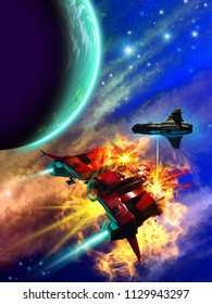 Space Battle Around A Blue Alien Planet, 3d Illustration