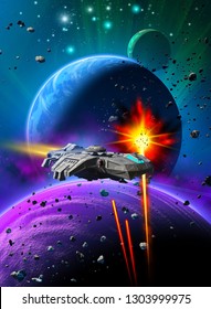 Space Battle Over An Alien Planetary System, Same Missiles Are Attacking A Spaceship, In The Background Sky With Nebula And Stars, 3d Illustration