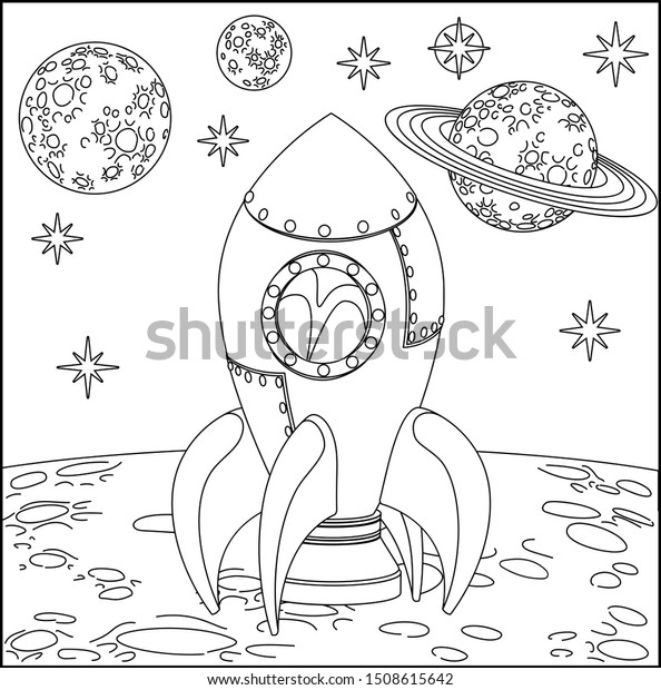 A space cartoon coloring scene
background page with rocket ship on moons surface and
planets