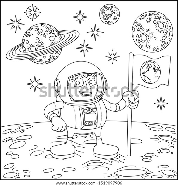 A space cartoon coloring scene\
background page with astronaut on moons surface and\
planets