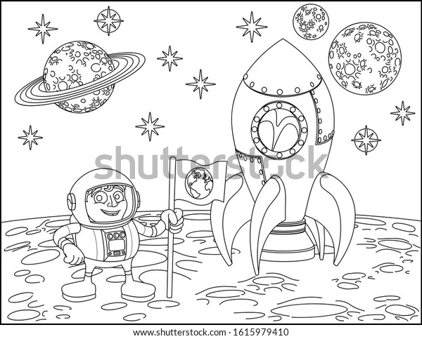 A space cartoon coloring scene background\
page with rocket, astronaut and\
planets