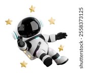 Space Chibi Astronaut 3D Model. A chibi astronaut man lying down with both his arms open, and surrounded by stars. Fun Cartoon Illustration 3D Model Character 