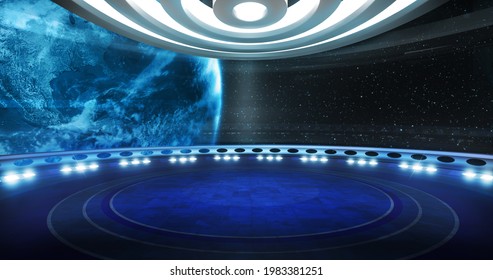Space concept, virtual show background. Ideal for news tv shows, tech commercials or scientific events. A 3D rendering, suitable on VR tracking system sets, with green screen