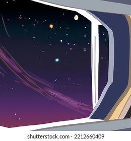 Space Craft Window Viewing The Entire Galaxy, Illustration Image