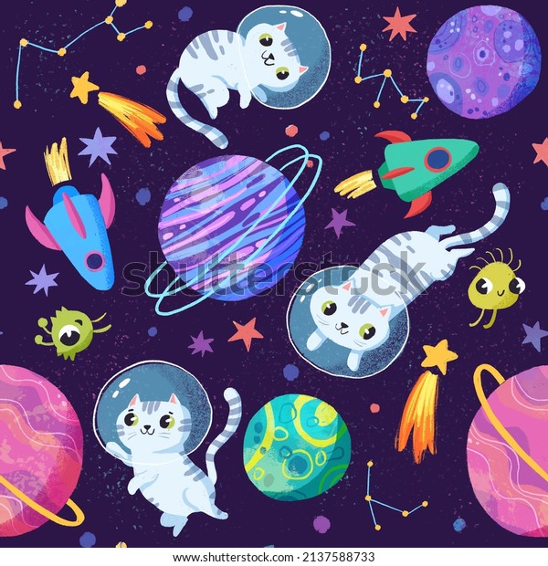 Space cute cat seamless pattern hand drawn\
digital\
illustration