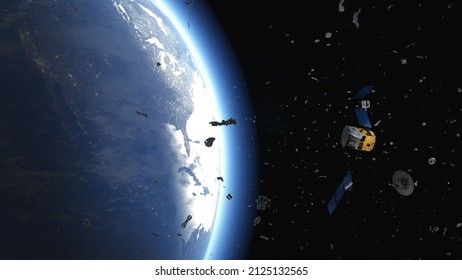 Space Debris From Defective Satellite Due To Orbital Collisions And Small Parts From Space Flights Fly In Orbit Of The Earth - 3d Illustration