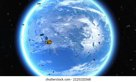 Space Debris From Defective Satellite Due To Orbital Collisions And Small Parts From Space Flights Fly In Orbit Of The Earth - 3d Illustration