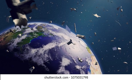 Space Debris In Earth Orbit, Dangerous Junk Orbiting Around The Blue Planet (3d Illustration, Elements Of This Image Are Furnished By NASA)