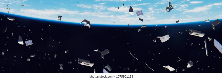 Space Debris In Earth Orbit, Dangerous Junk Orbiting Around The Blue Planet (3d Illustration Banner, Elements Of This Image Are Furnished By NASA)