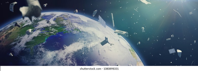 Space Debris In Earth Orbit, Dangerous Junk Orbiting Around The Blue Planet (3d Illustration Banner, Elements Of This Image Are Furnished By NASA)