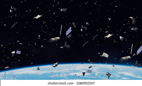 Space Debris In Earth Orbit, Dangerous Junk Orbiting Around The Blue Planet (3d Illustration, Elements Of This Image Are Furnished By NASA)