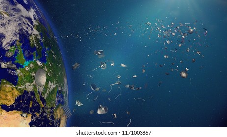 Space Debris In Earth Orbit, Dangerous Junk Orbiting Around The Blue Planet (3d Render, Elements Of This Image Are Furnished By NASA)