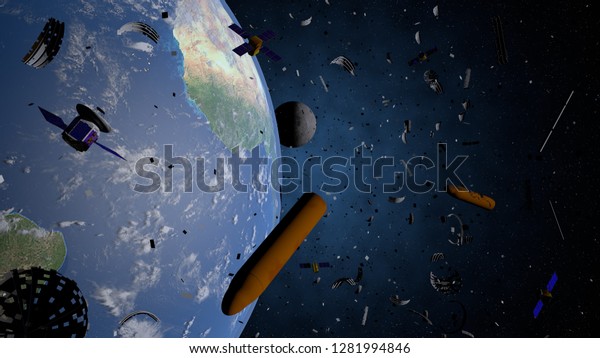 Space\
debris floating in the orbit of planet Earth. Old satellites,\
rockets of support, pieces of metal are a threat because they can\
collide with the new satellites. 3D\
illustration