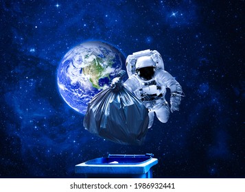 Space Debris, Pollution Of The Atmosphere. Debris In Space And An Astronaut. Astronaut Collecting Garbage In Space. 3D Illustration.