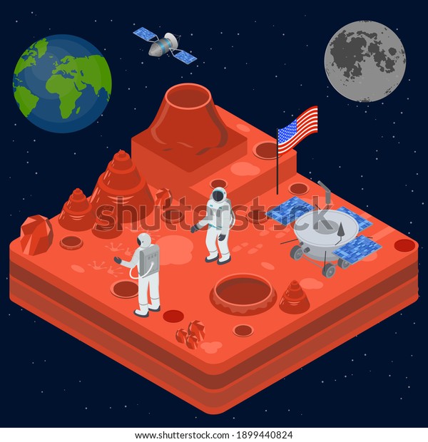 Space Discovery Concept 3d Isometric View\
Astronaut with a Flag on Surface Moon. illustration of Cosmic\
Mission or\
Expedition