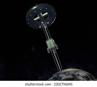 Space Elevator, A Concept For Lifting Mass Out Of Earth's Gravity Well Without Using Rockets In Which An Extremely Strong Cable Extends From Earth's Surface 3d Rendering