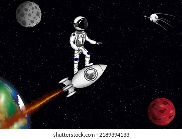 Space Exploration. Human Flight Into Space. Solar System, Rocket, Astronaut, Earth Orbit, Moon.