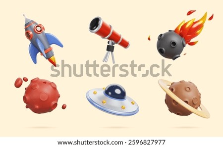 Space exploring 3d icons, planets, rocket, telescope, ufo alien spaceship, meteor with fire. Isolated cosmic objects, Mars and Saturn, flying saucer, stone asteroid Cartoon render set. 3D Illustration