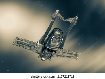 Space Fighter Is Flying On The Aurora, 3d Illustration