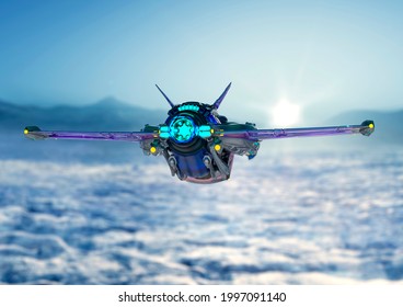 Space Fighter Is Flying On Frozen Planet, 3d Illustration