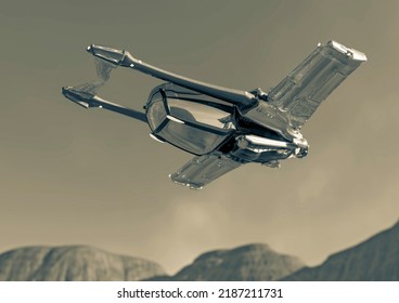 Space Fighter Is Flying On The Mountains, 3d Illustration