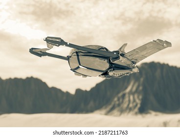 Space Fighter Flying On Red Planet, 3d Illustration