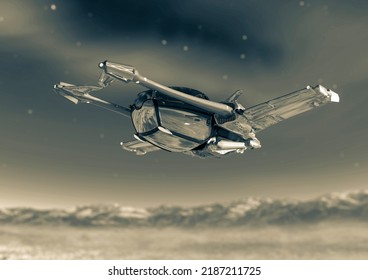 Space Fighter Is Landing On The Frozen Planet, 3d Illustration