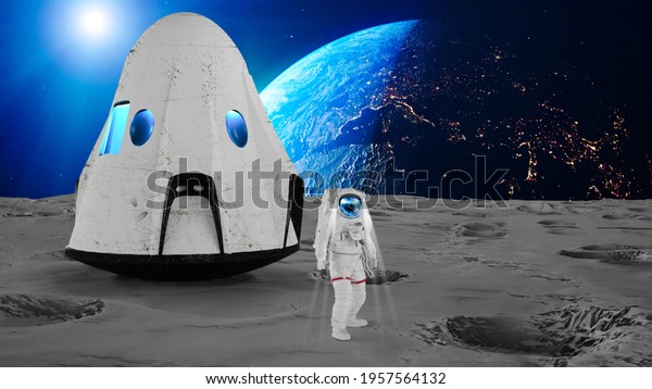 Space flight and moon\
landing, spacecraft on the moon and astronaut on the lunar soil.\
Space missions. The conquest of space. 3d render. The earth seen\
from the moon