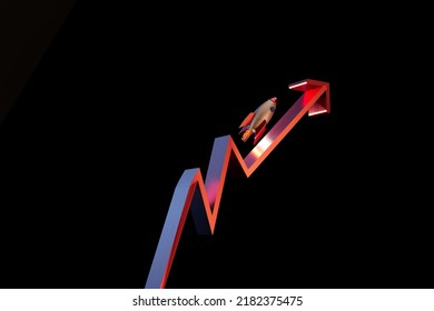 Space Flights. Space Exploration. Rocket Flying Into Outer Space. A Rocket Flying Along The Trajectory Of A Red Arrow On A Black Background. The Study Of Outer Space. 3d Illustration. 3d Render