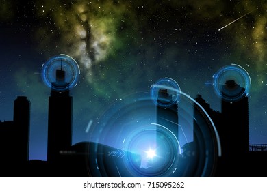space and future technology concept - futuristic city skyscrapers over night sky background and holograms