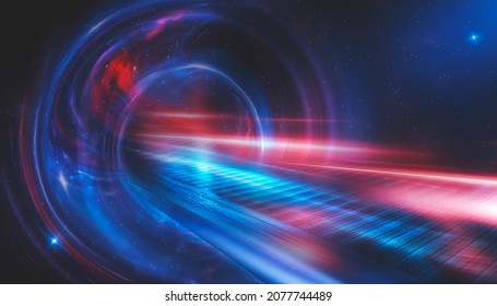 Space Galactic Fantasy Futuristic Abstraction. Space Nebulae And Galaxies. Flashes Of Light, The Movement Of Light In Space. Neon Rays And Lines Of Light. 3D Illustration