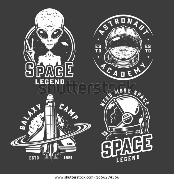 Space and galaxy logotypes with\
extraterrestrial showing peace sign cosmonaut helmet shuttle\
spaceman in vintage monochrome isolated \
illustration