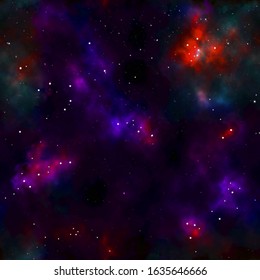 Space Galaxy Seamless Pattern. Universe Repeat Bright Marble Abstract Liquid Background Texture. Fluid Trendy Design. Modern Cosmos Colorful Painting Illustration Wallpaper With Stars