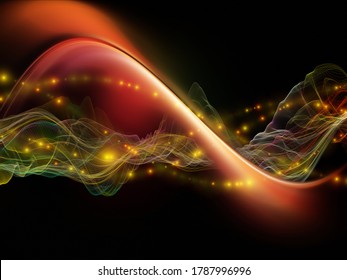 Space Geometry. Virtual Wave series. Abstract arrangement of horizontal sine waves and light particles suitable for projects on data transfer, virtual, artificial, mathematical reality.