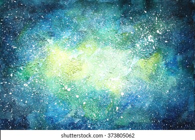 Space hand painted watercolor background. Abstract galaxy painting. Cosmic texture with stars. Night sky.