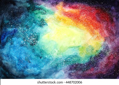 Space hand painted watercolor background. Abstract galaxy painting. Cosmic texture with stars. Night sky.