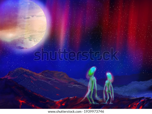 A space illustration showing an unknown\
planet with a surface covered by volcanoes. Two aliens admiring the\
glow of the sky and the two planets\
moons