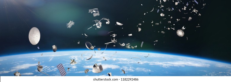 Space Junk In Earth Orbit, Dangerous Debris Orbiting Around The Blue Planet (3d Illustration Banner, Elements Of This Image Are Furnished By NASA)