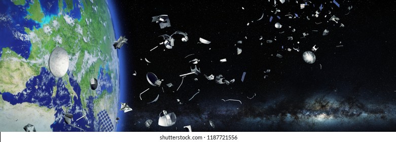 Space Junk In Earth Orbit, Debris Orbiting The Blue Planet, Flying Trash (3d Illustration Banner, Elements Of This Image Are Furnished By NASA)